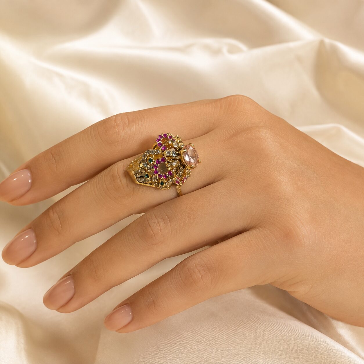Gulrukh Peach Multistone Statement Ring hand detail