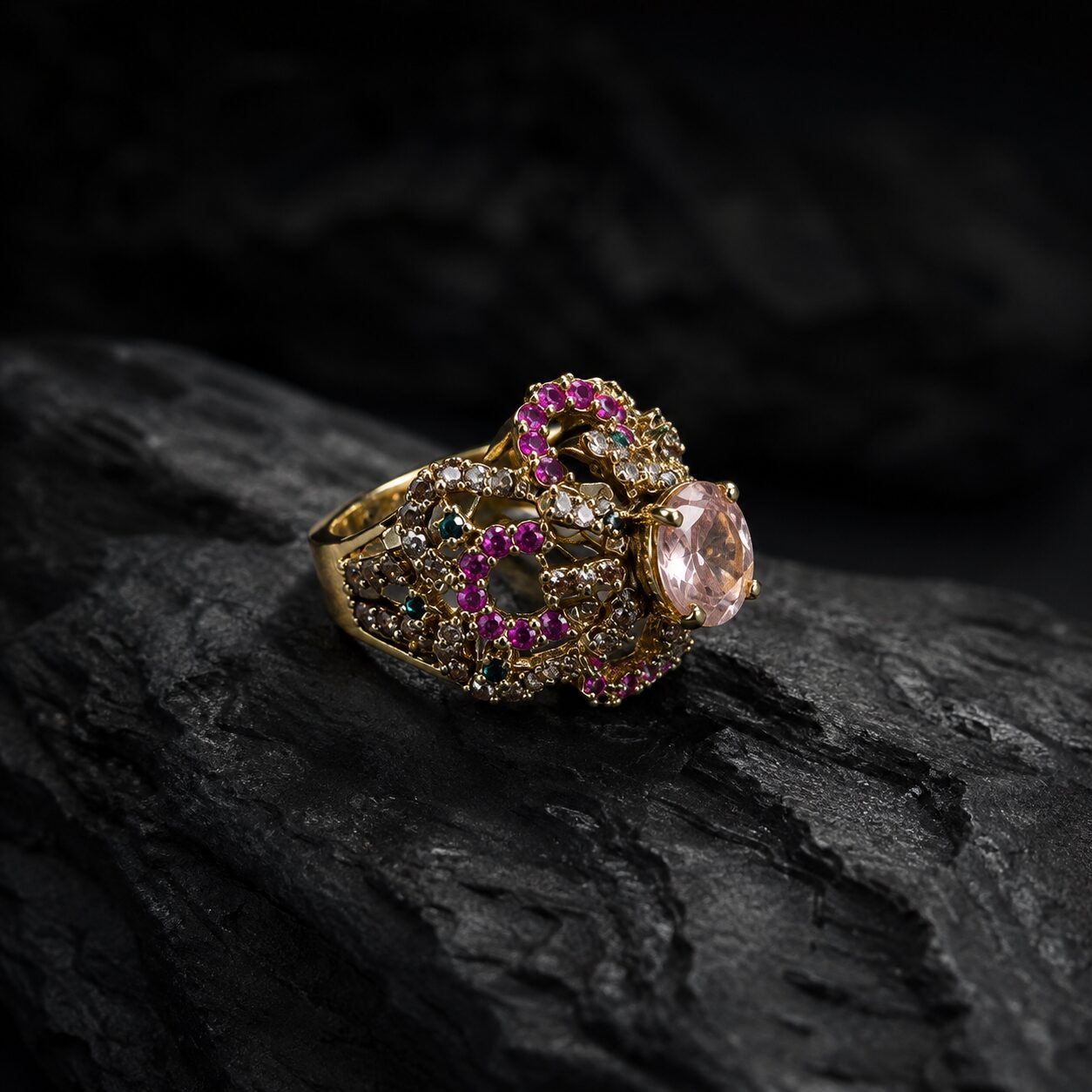 Gulrukh Peach Multistone Statement Ring dark luxury shoot