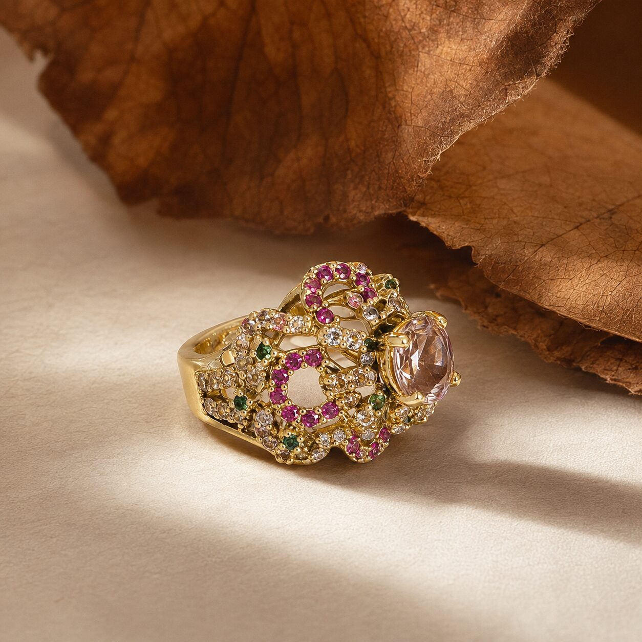 Gulrukh Peach Multistone Statement Ring solo shoot