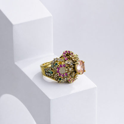 Gulrukh Peach Multistone Statement Ring white studio shoot
