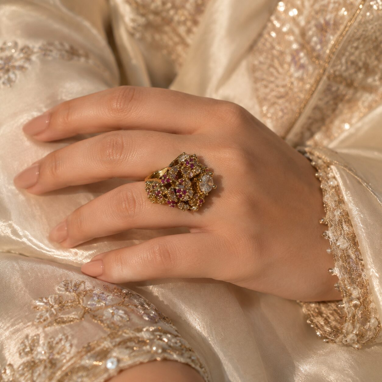 Gulbahar Blush Floral Statement Ring model hand