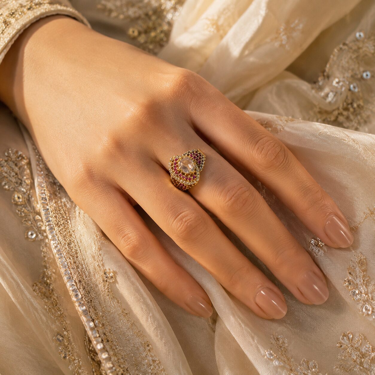 Meherbano Blush Crystal Statement Ring model hand