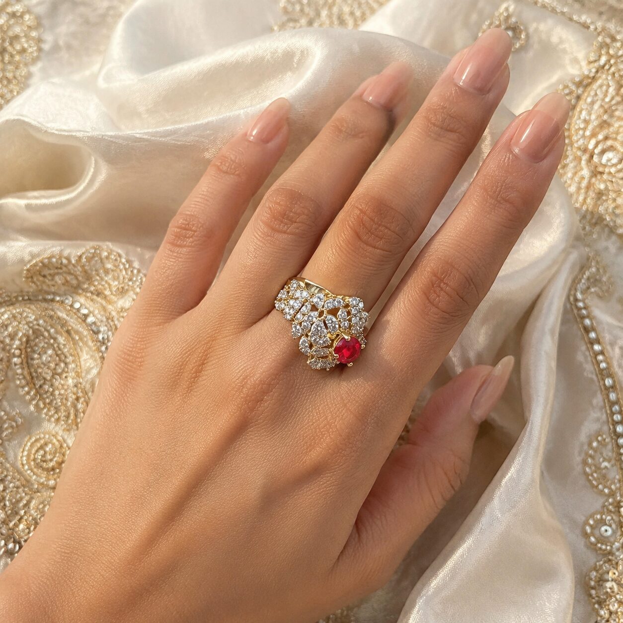 Noor-e-Yaqoot Crystal Statement Ring model hand