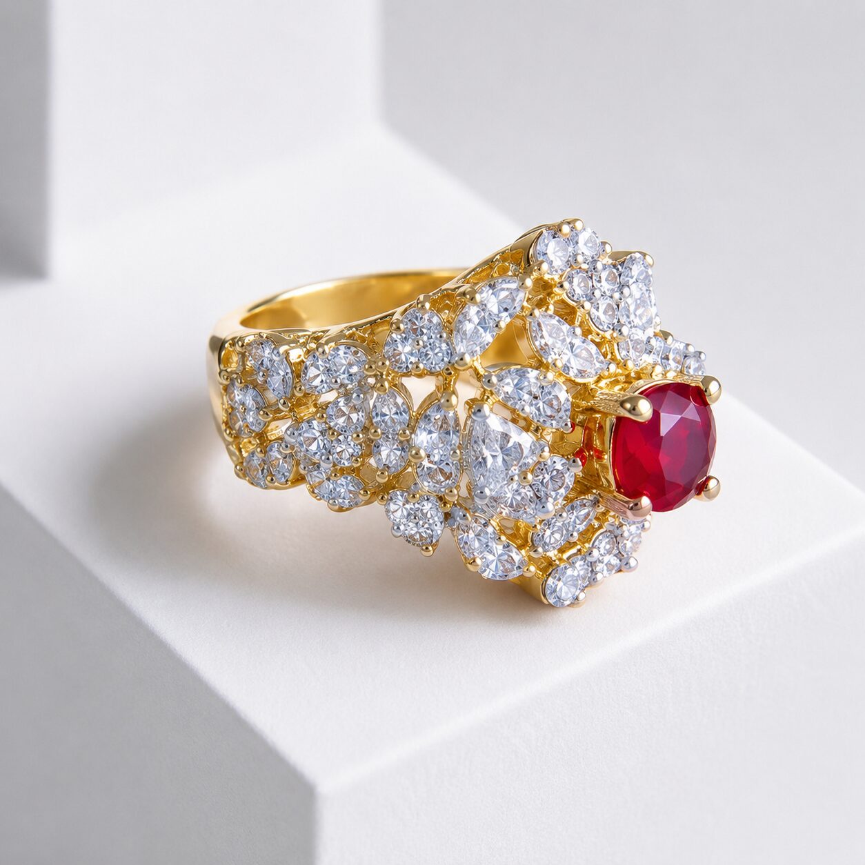 Noor-e-Yaqoot Crystal Statement Ring white studio