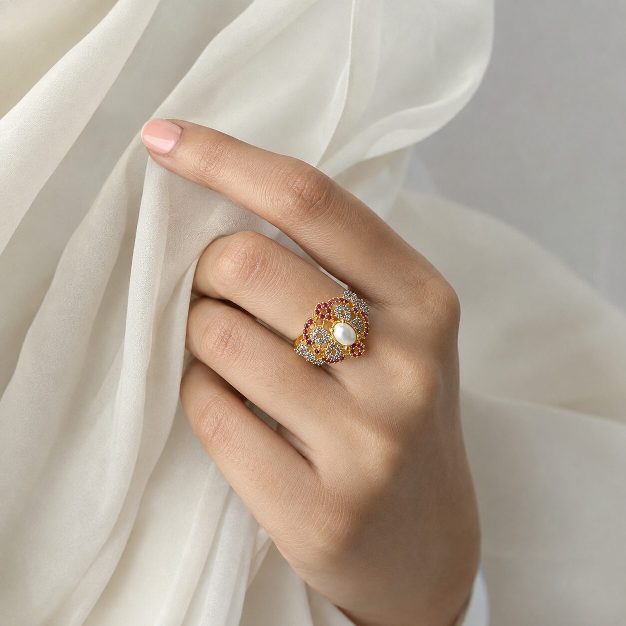 Gul-e-Moti Ruby Statement Ring chiffon hand pose