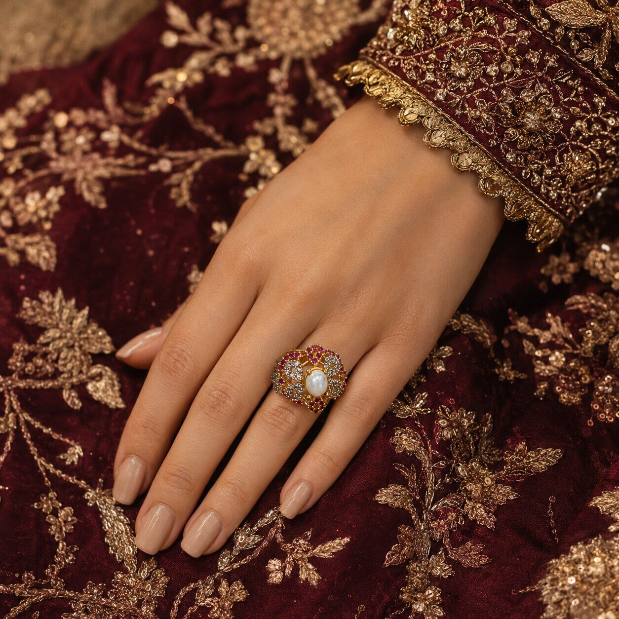 Gul-e-Moti Ruby Statement Ring bridal hand