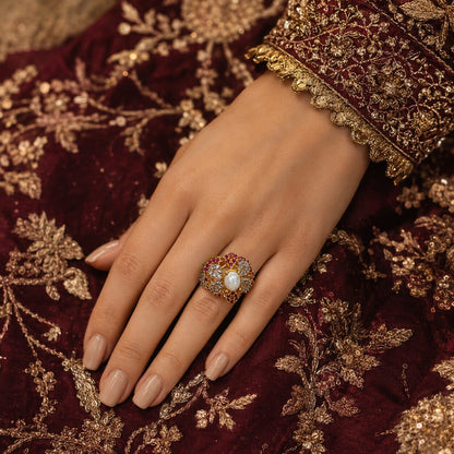 Gul-e-Moti Ruby Statement Ring bridal hand