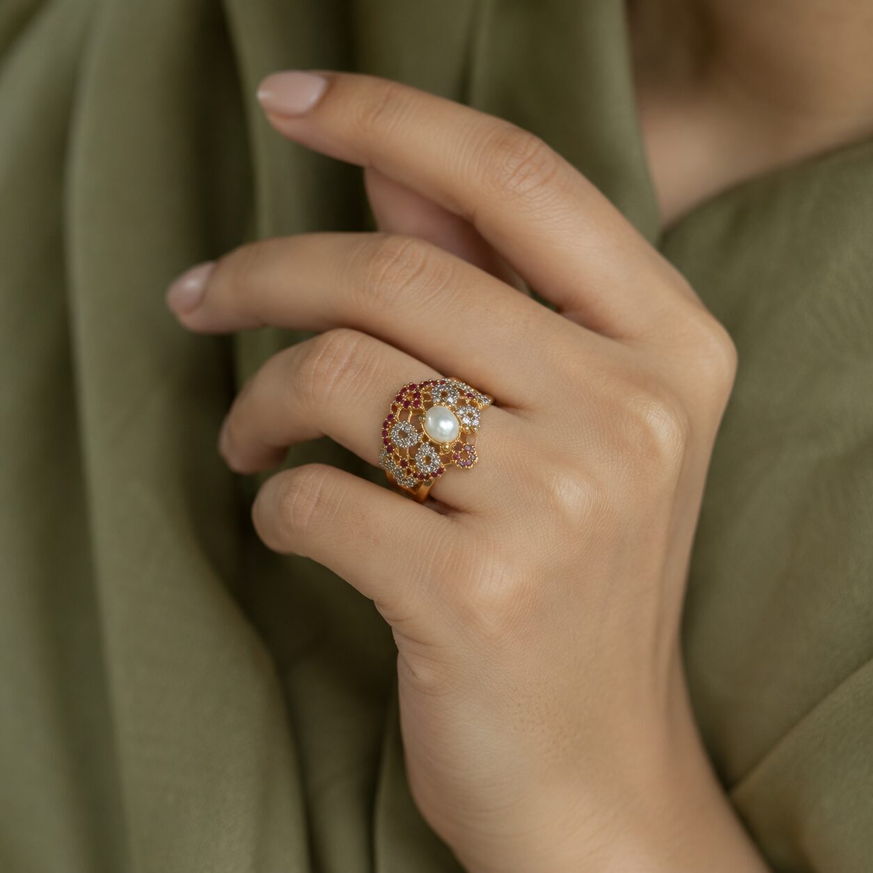 Gul-e-Moti Ruby Statement Ring side hand pose