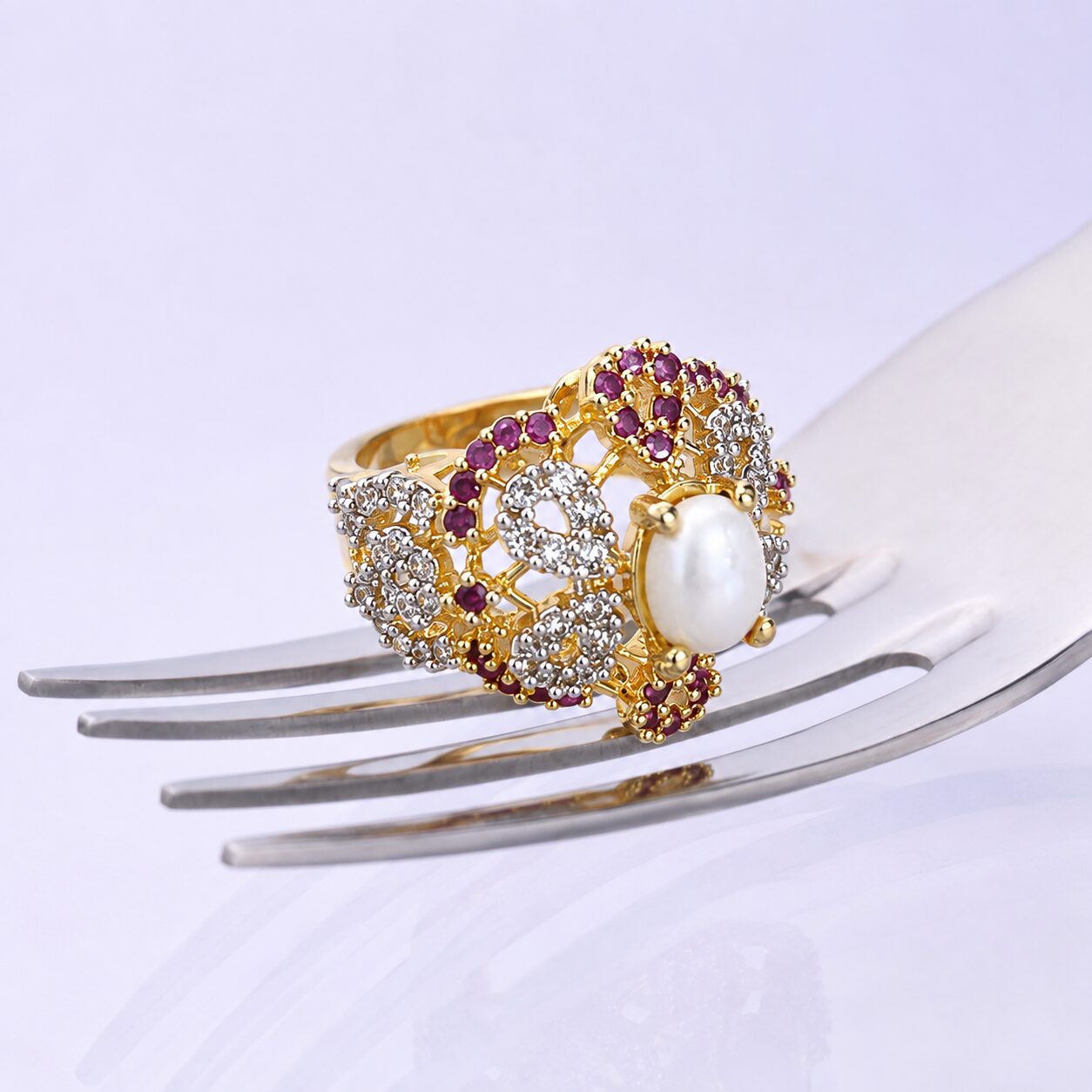 Gul-e-Moti Ruby Statement Ring conceptual fork shoot