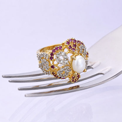 Gul-e-Moti Ruby Statement Ring conceptual fork shoot