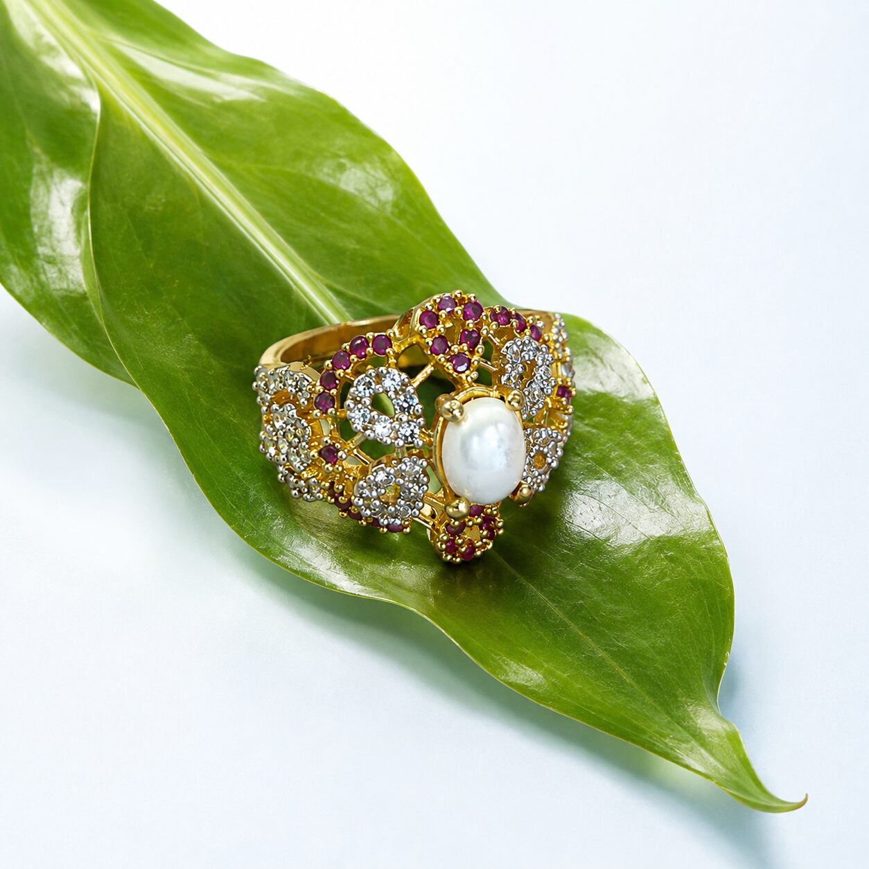 Gul-e-Moti Ruby Statement Ring botanical shoot