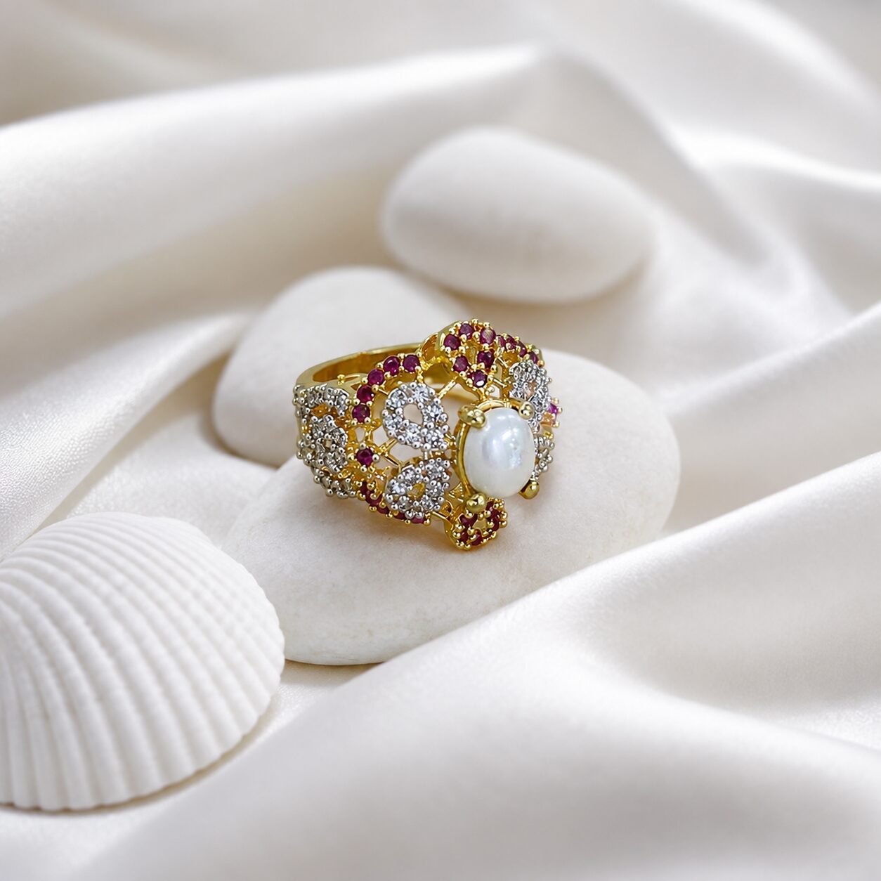 Gul-e-Moti Ruby Statement Ring ivory shell shoot