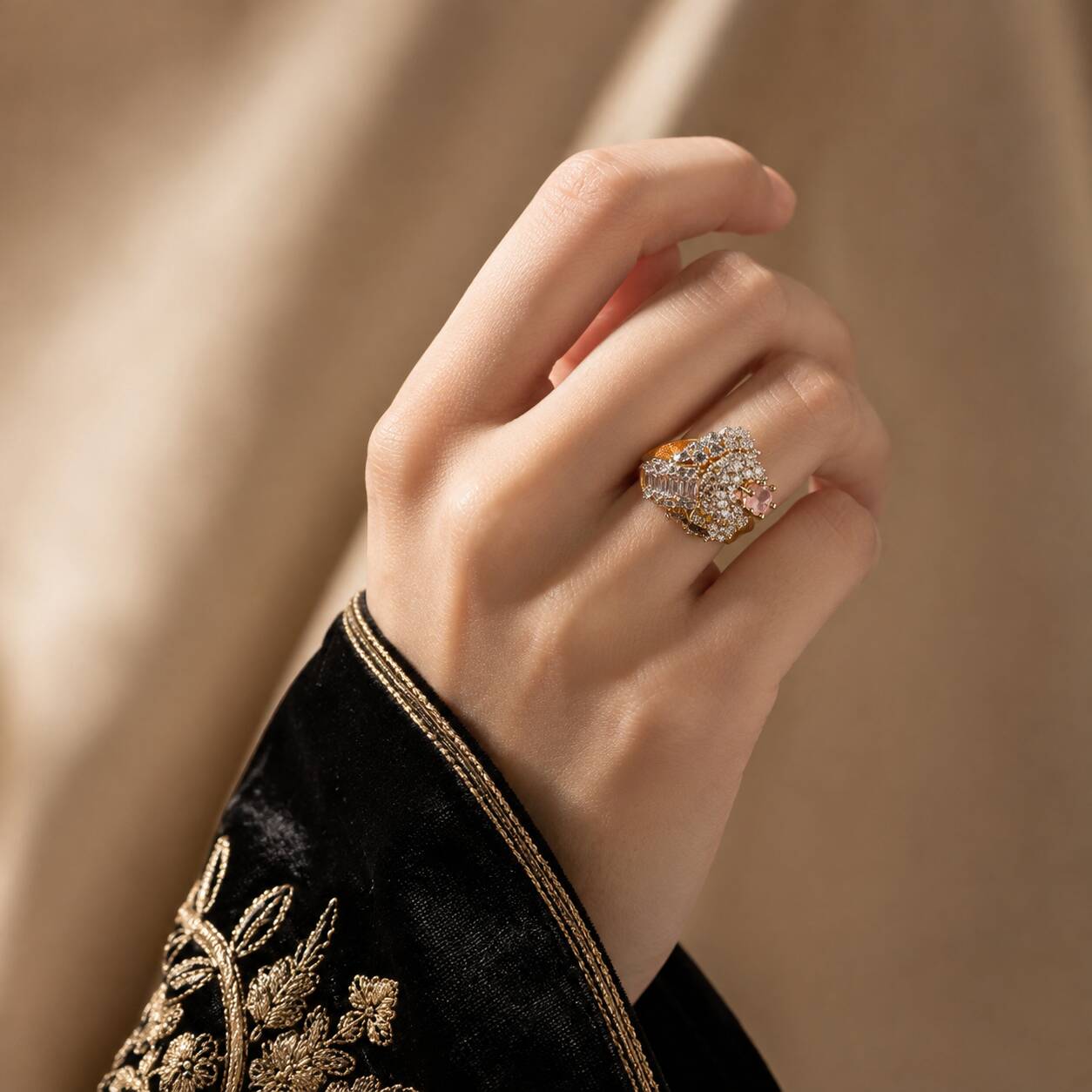 Gul-e-Sahar Blush Crystal Statement Ring 7