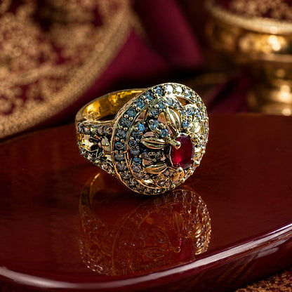 Gul-e-Yaqoot Blue Crystal Filigree Ring 1