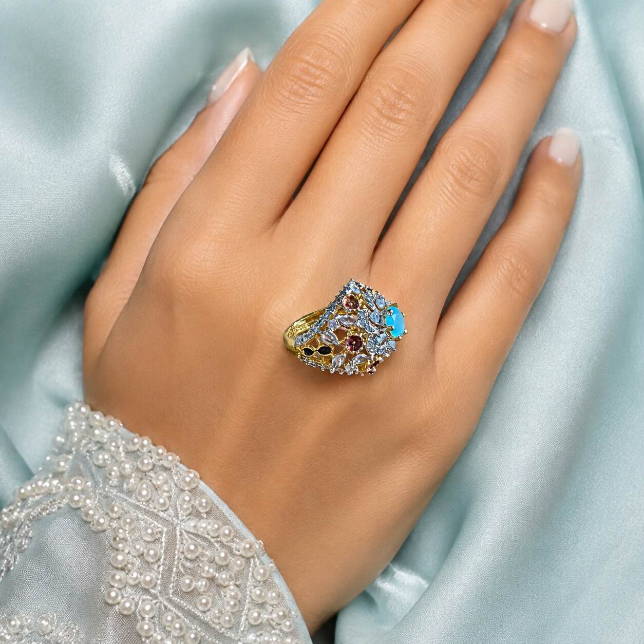Gul-e-Feroza Multicolour Crystal Statement Ring 5