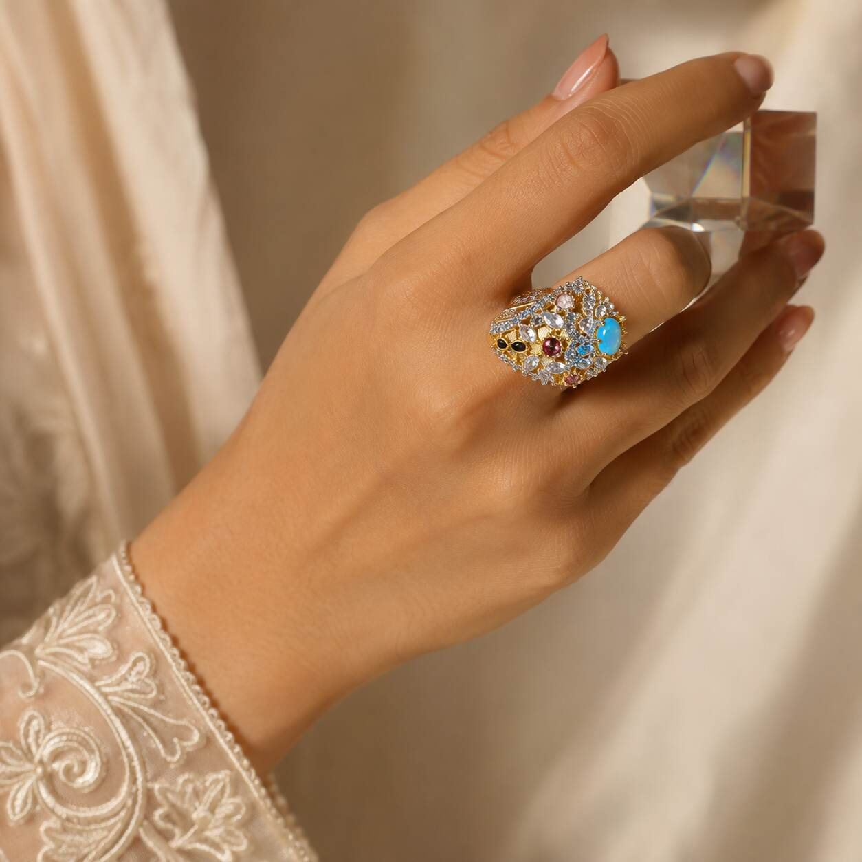Gul-e-Feroza Multicolour Crystal Statement Ring 6