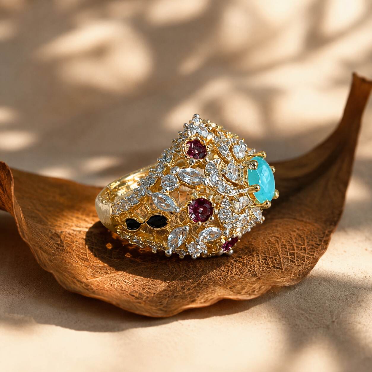 Gul-e-Feroza Multicolour Crystal Statement Ring 3