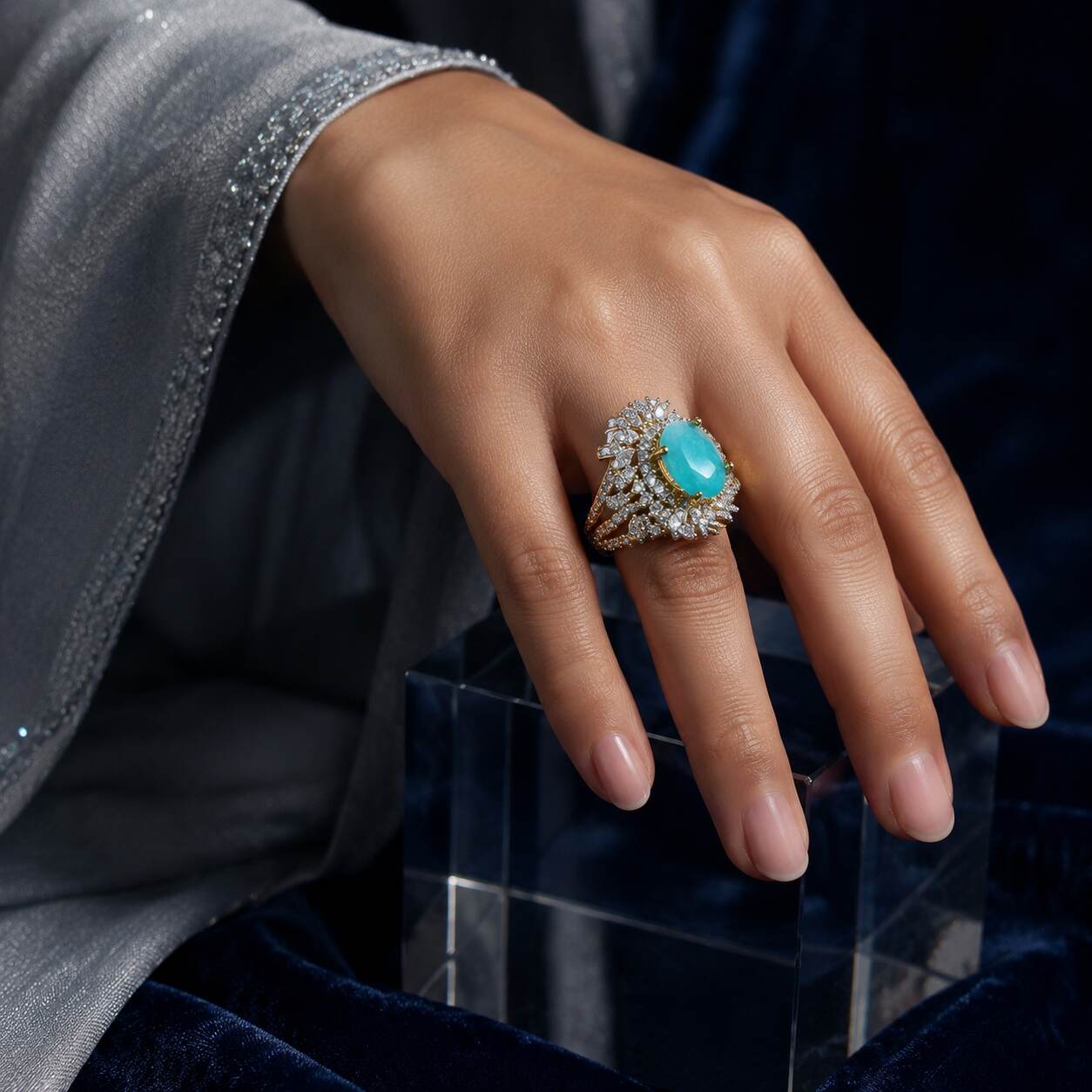 Noor-e-Feroza Aqua Crystal Statement Ring 7