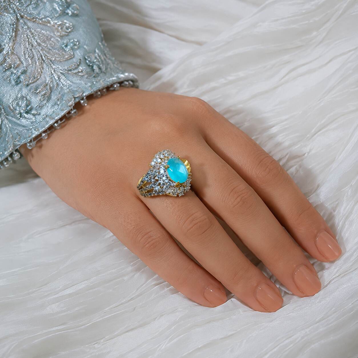 Noor-e-Feroza Aqua Crystal Statement Ring 5