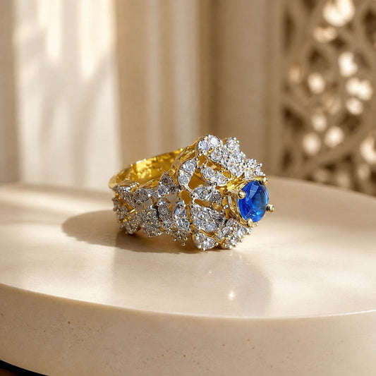 Neel-e-Noor Blue Crystal Floral Statement Ring 1