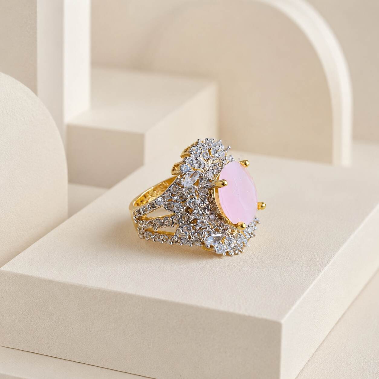 Mah-e-Gulabi Blush Crystal Statement Ring view 1
