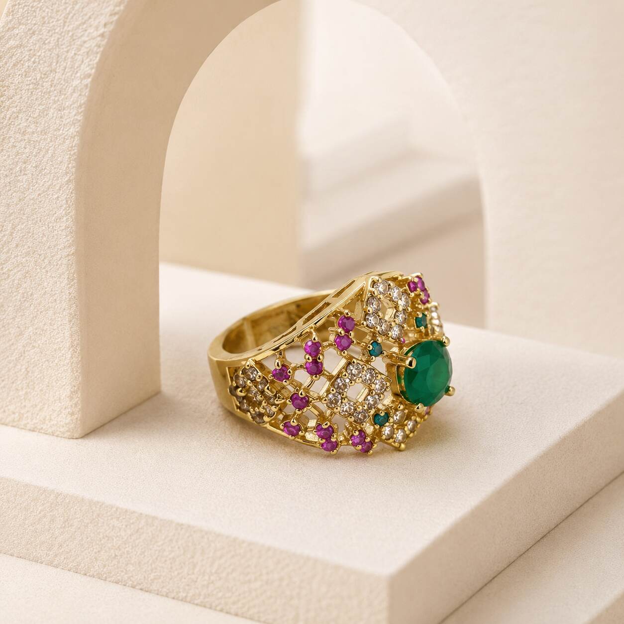 Rang-e-Sabz Emerald Multicolour Lattice Ring view 1