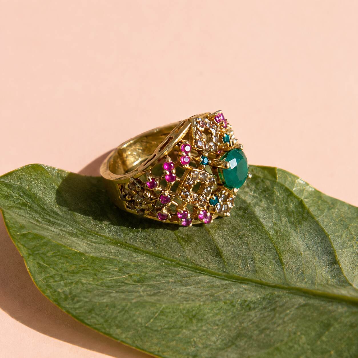 Rang-e-Sabz Emerald Multicolour Lattice Ring view 3