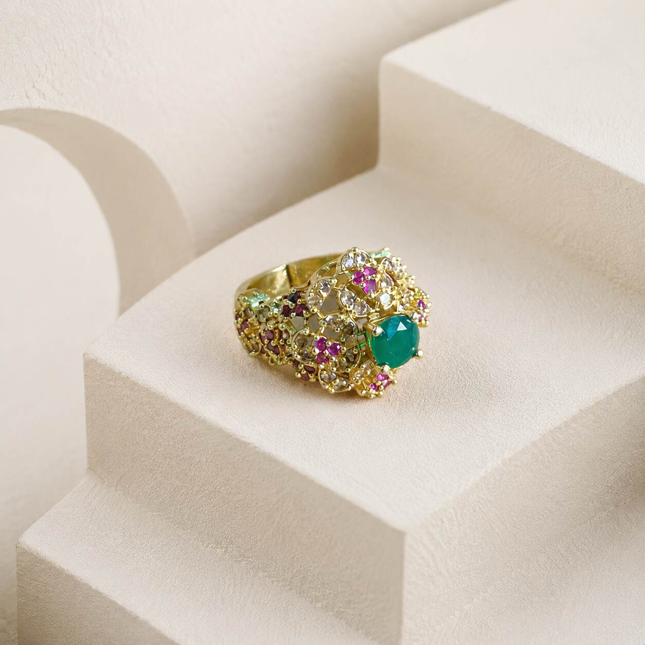 Gul-e-Sabz Multicolour Crystal Filigree Ring – view 1