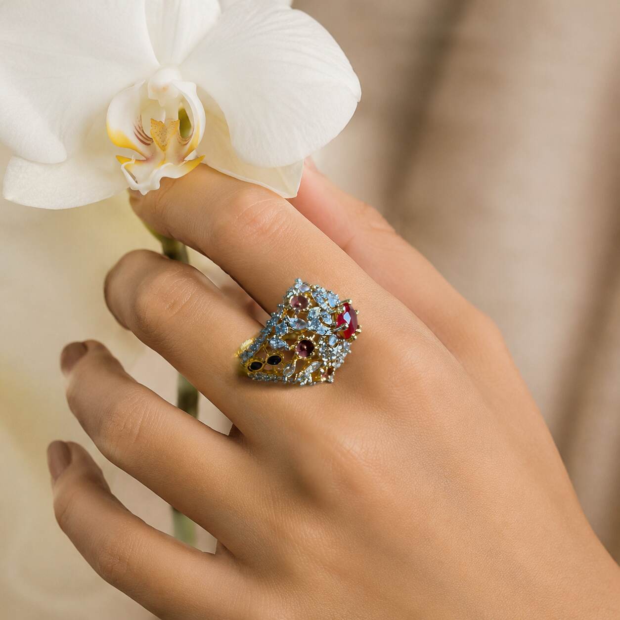 Gulnaar Ruby Multicolour Crystal Ring – view 6