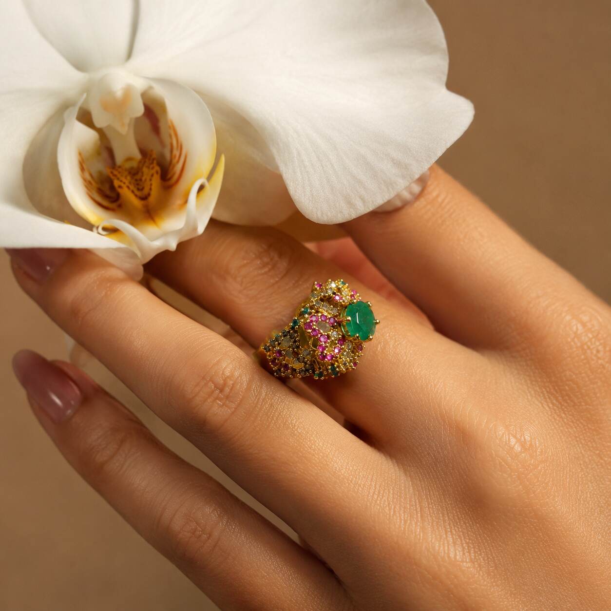 Rang-e-Sabz Emerald Multicolour Statement Ring – view 6