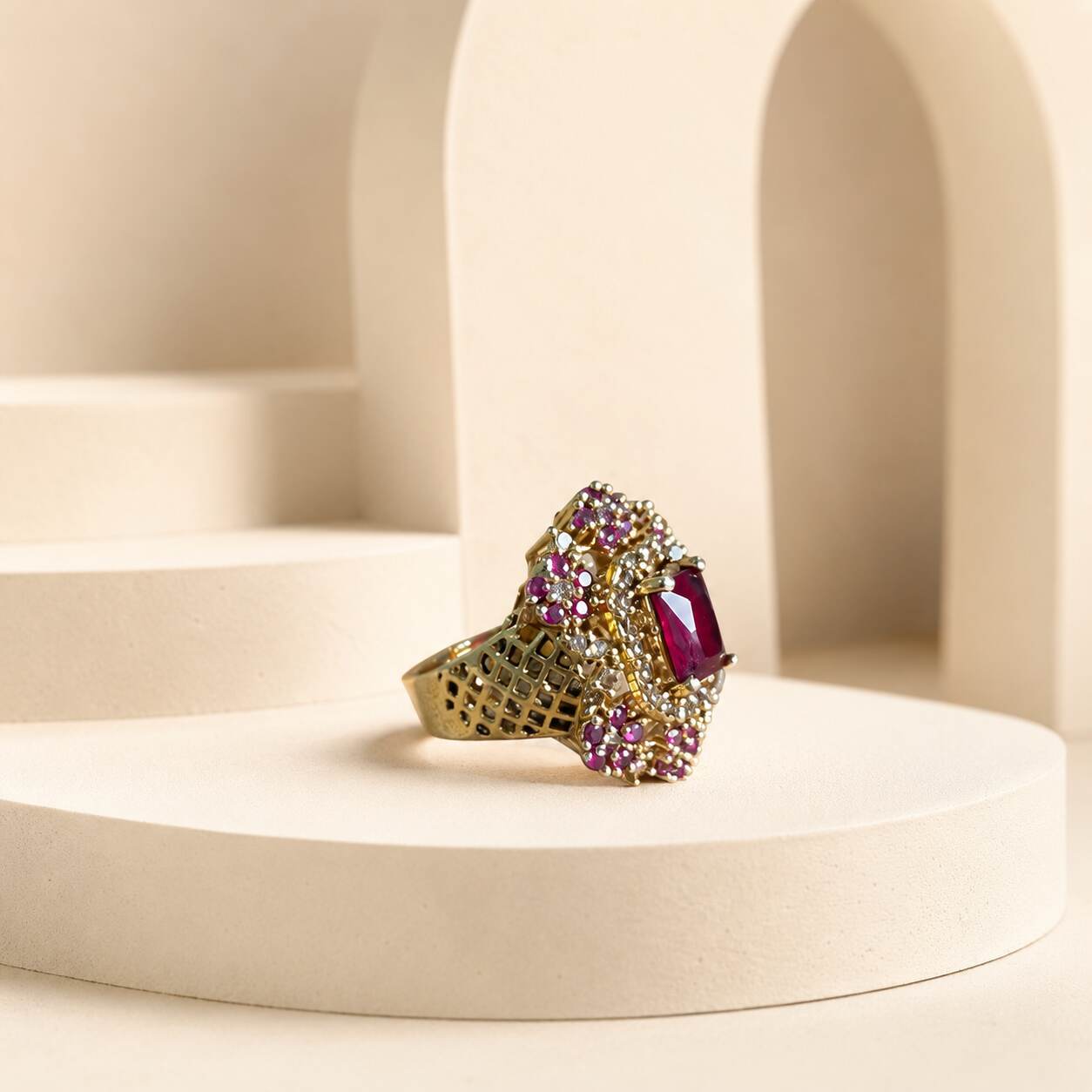 Mah-e-Gulabi Ruby Crystal Geometric Ring – view 1