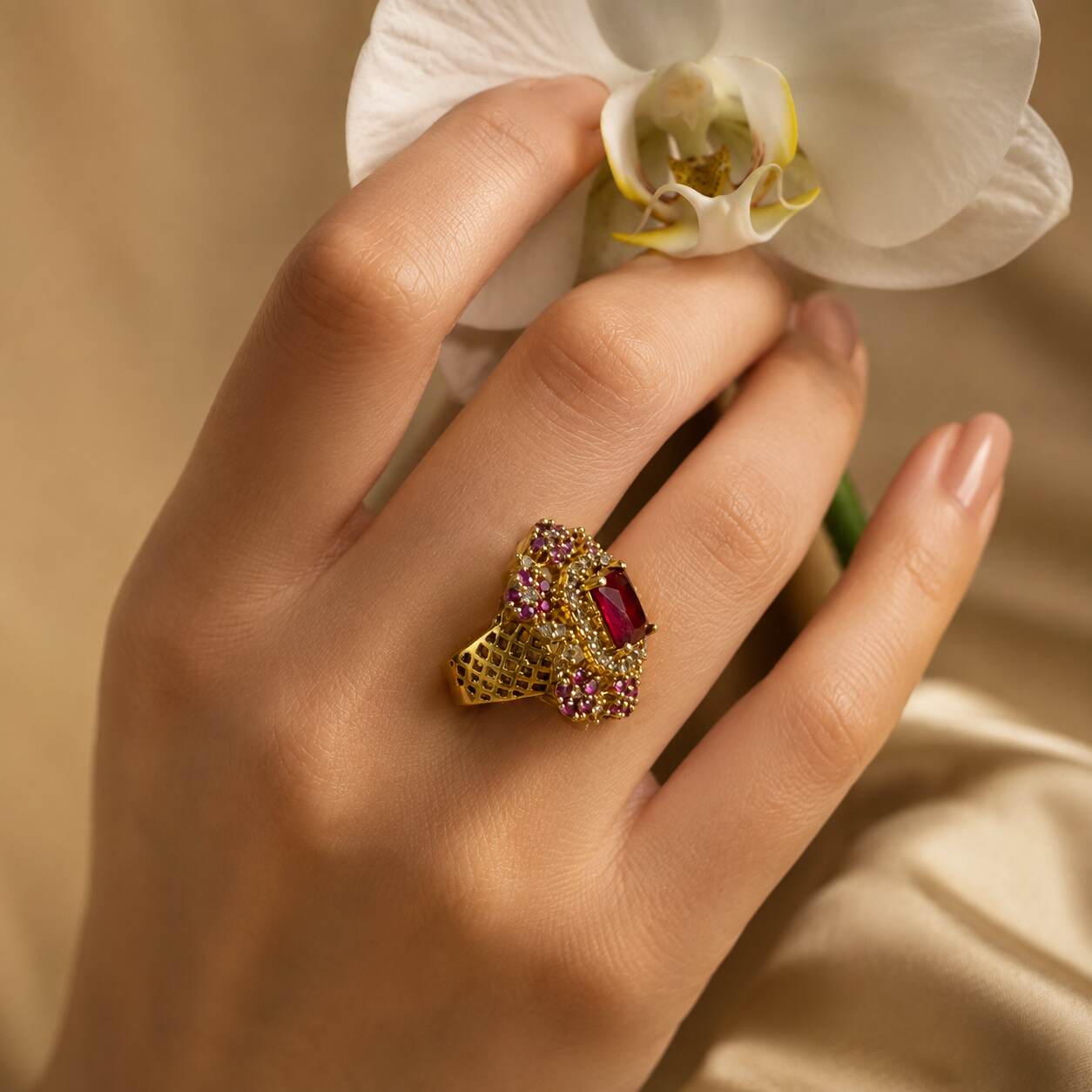 Mah-e-Gulabi Ruby Crystal Geometric Ring – view 6