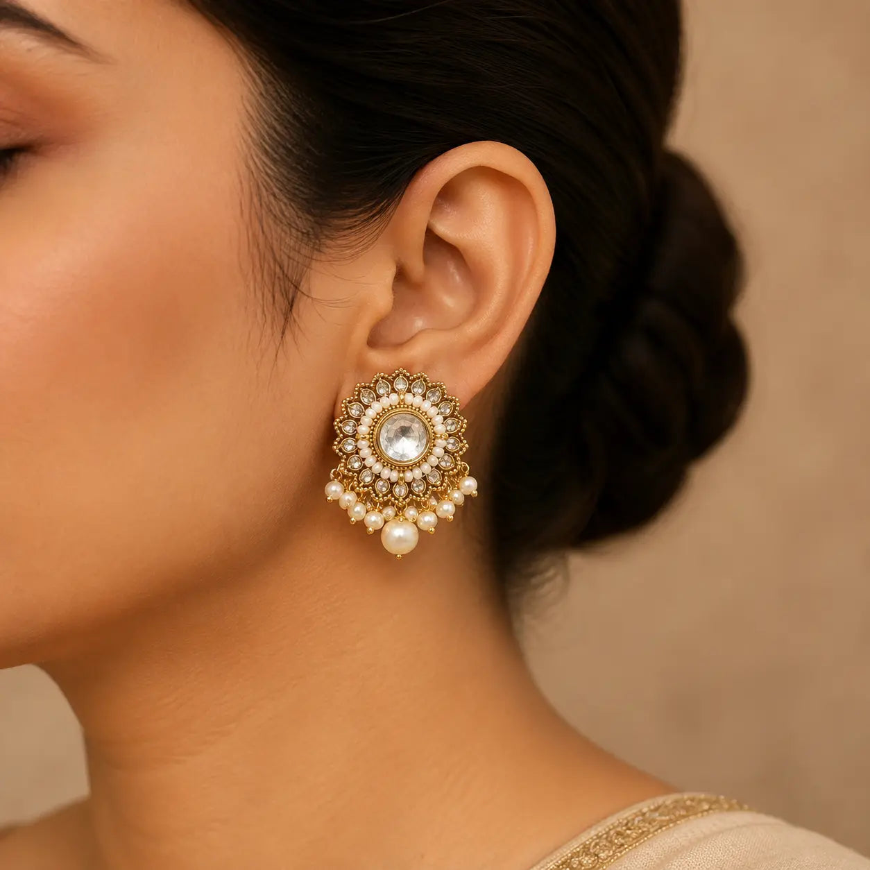 Pearl Kundan Studs