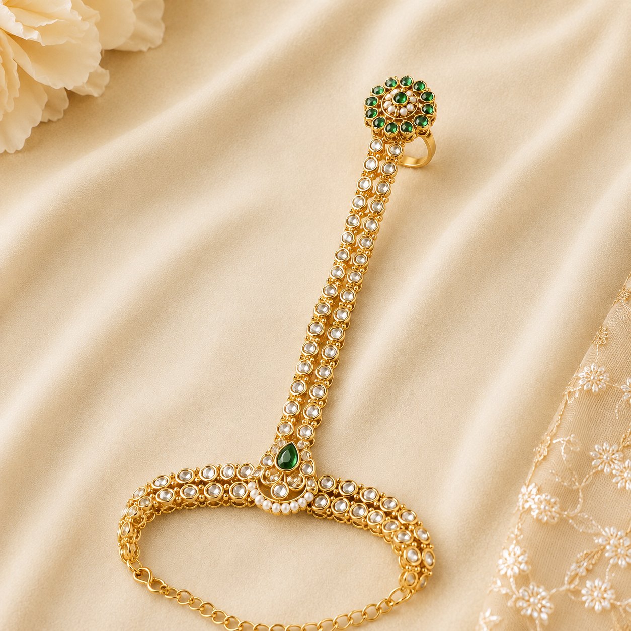 Emerald Green Kundan Haath Phool – Bridal Hand Harness