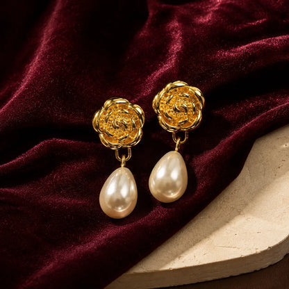 Golden Rose Pearl Drop Earrings