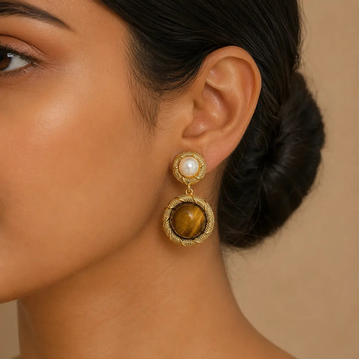 Tiger Eye & Pearl Gold Drop Earrings