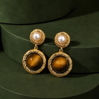 Tiger Eye & Pearl Gold Drop Earrings