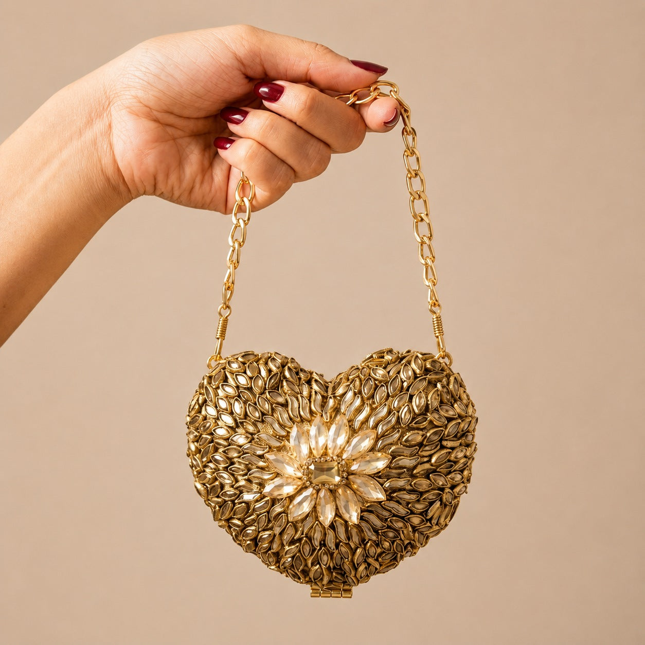Kundan Floral Clutch – Bridal Evening Bag with Chain