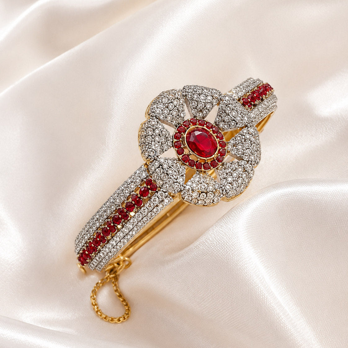 Gold Plated Zircon Bracelet Cuff – Floral Centrepiece with Pavé Stone Setting
