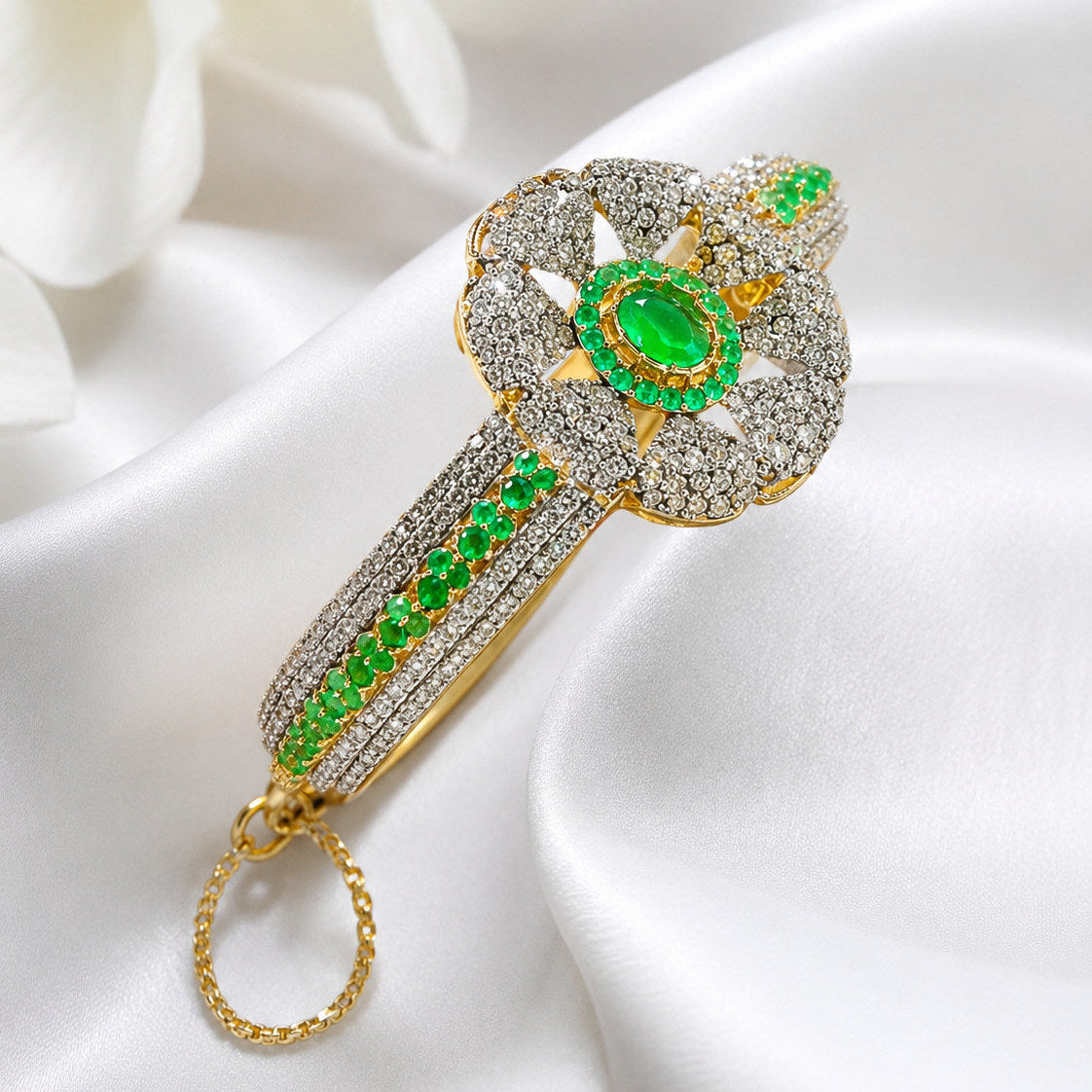 Gold Plated Zircon Bracelet Cuff – Floral Centrepiece with Pavé Stone Setting