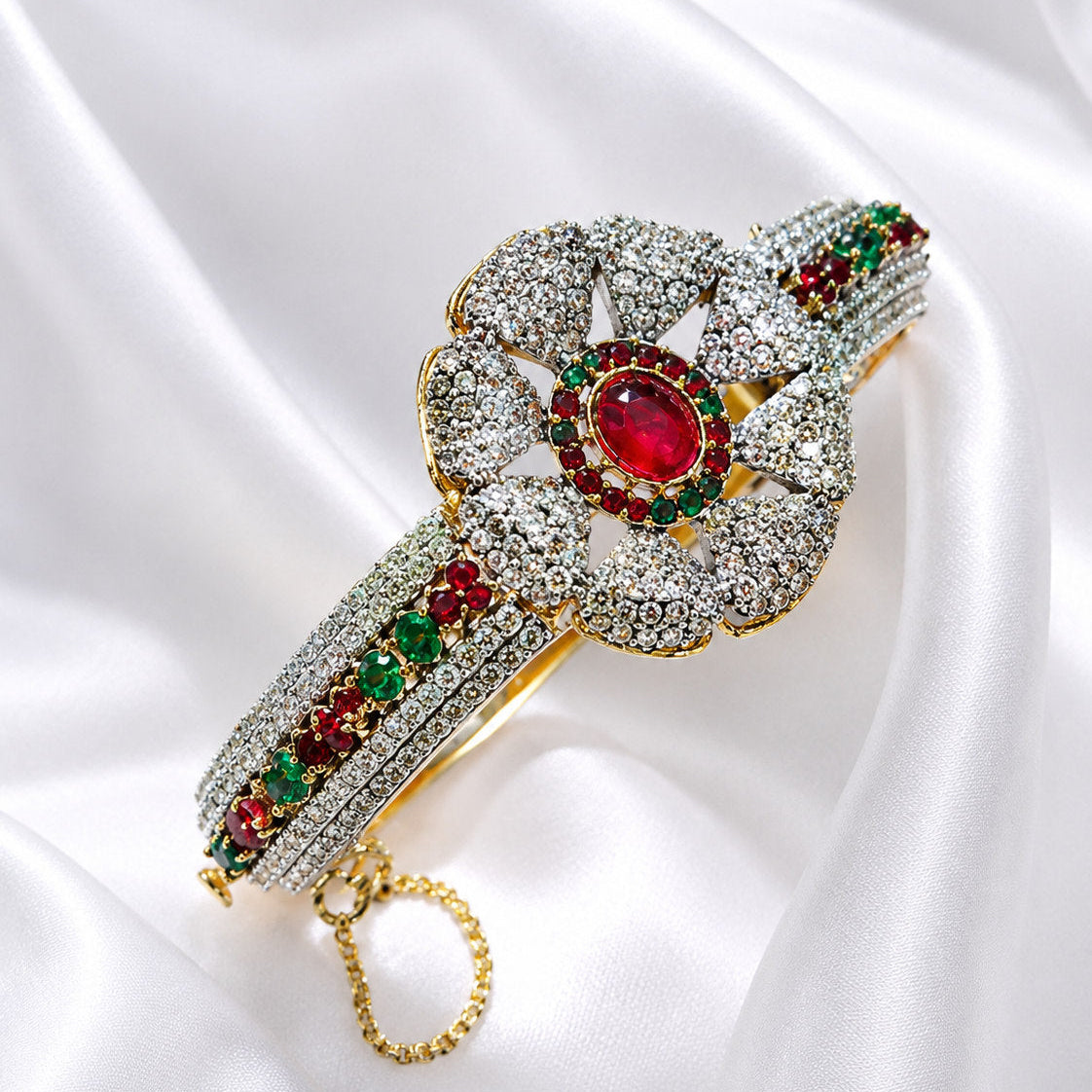 Gold Plated Zircon Bracelet Cuff – Floral Centrepiece with Pavé Stone Setting