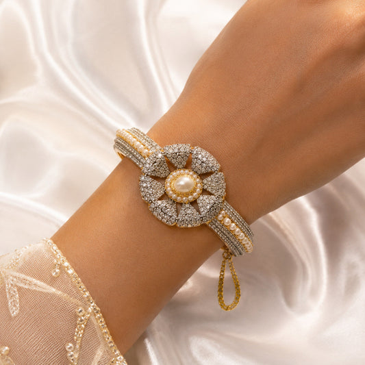 Gold Plated Zircon Bracelet Cuff – Floral Centrepiece with Pavé Stone Setting