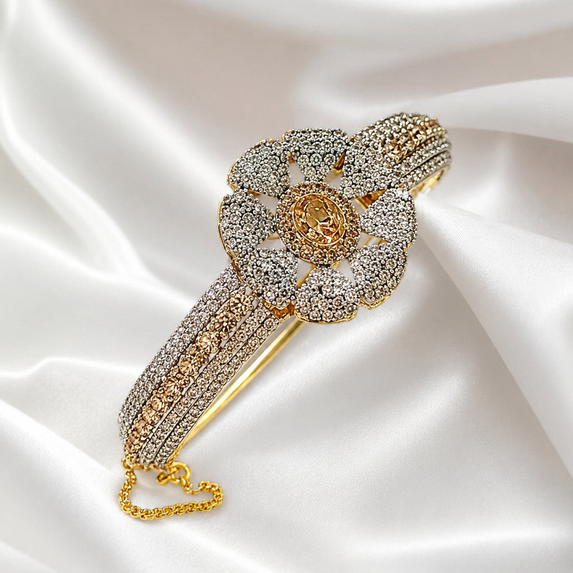 Gold Plated Zircon Bracelet Cuff – Floral Centrepiece with Pavé Stone Setting