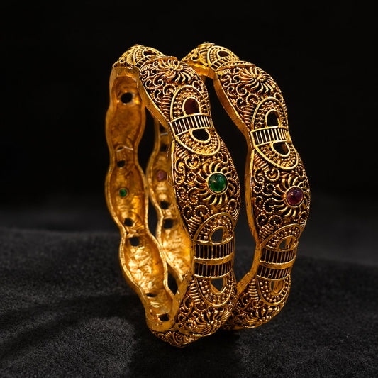 Antique Gold Filigree Bangles – Heritage Kangan with Gemstone Accents