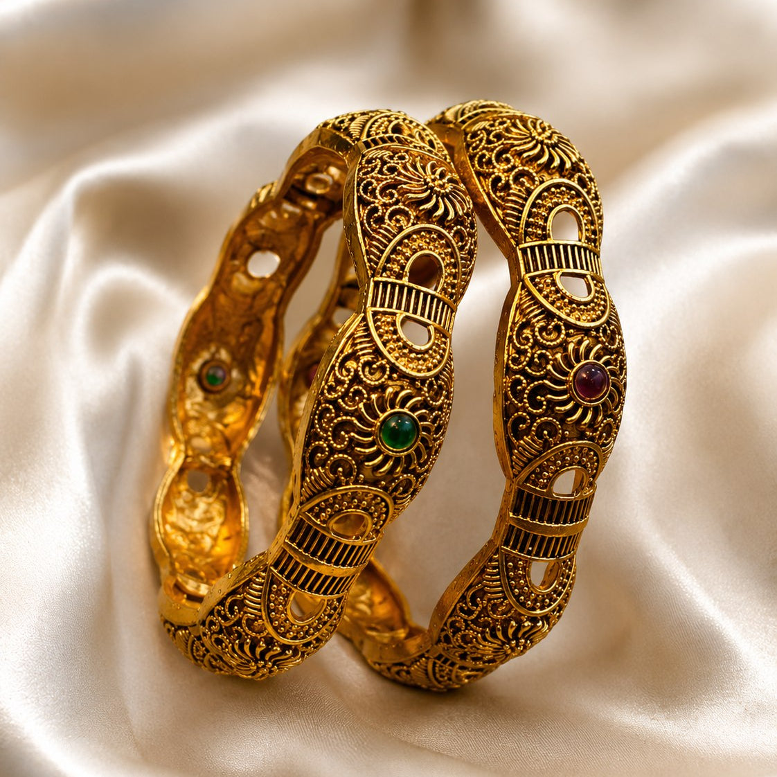 Antique Gold Filigree Bangles – Heritage Kangan with Gemstone Accents