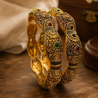 Antique Gold Filigree Bangles – Heritage Kangan with Gemstone Accents