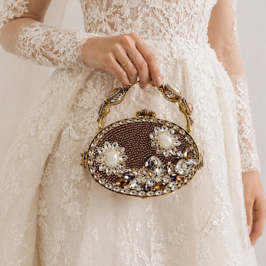 Amber Pearl Oval Jewelled Bridal Clutch