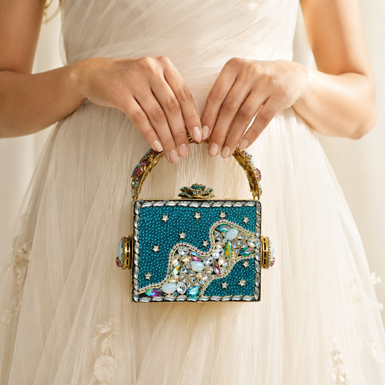 Peacock Celestial Jewelled Box Clutch