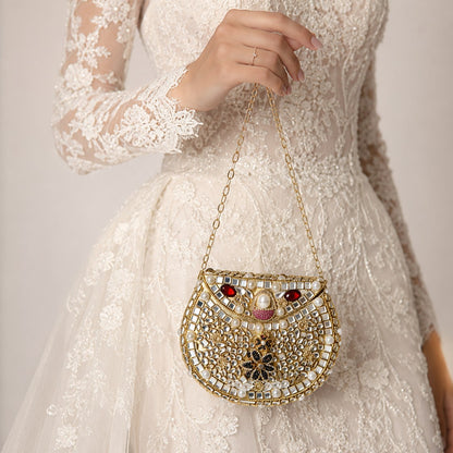 Ruby Pearl Kundan Half-Moon Clutch