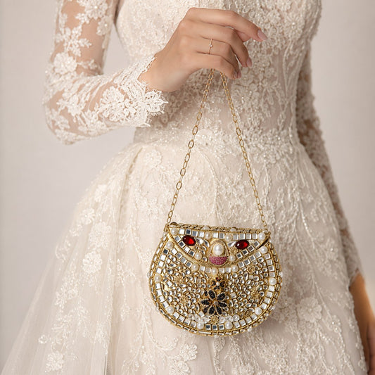 Ruby Pearl Kundan Half-Moon Clutch